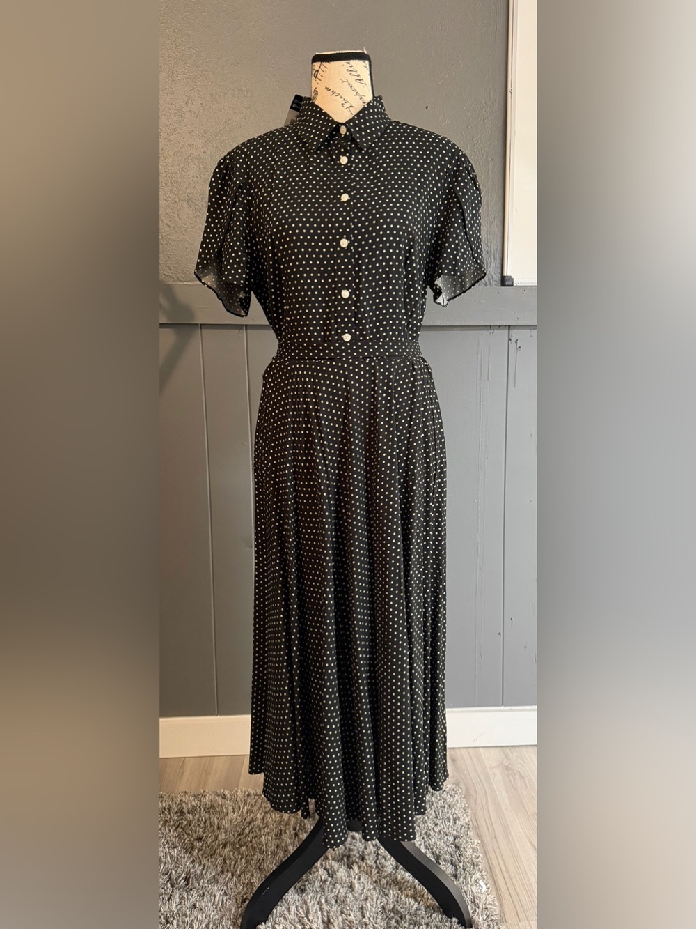 Chaps Black with Cream Dot Maxi Shirt Dress